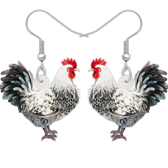 Rooster Earrings with Red and Black Accents - Picture 1 of 5